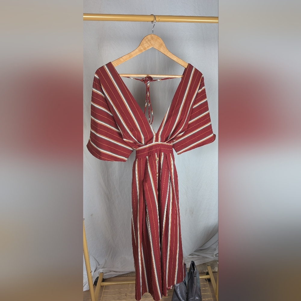 Cottagecore striped deep V open back dress